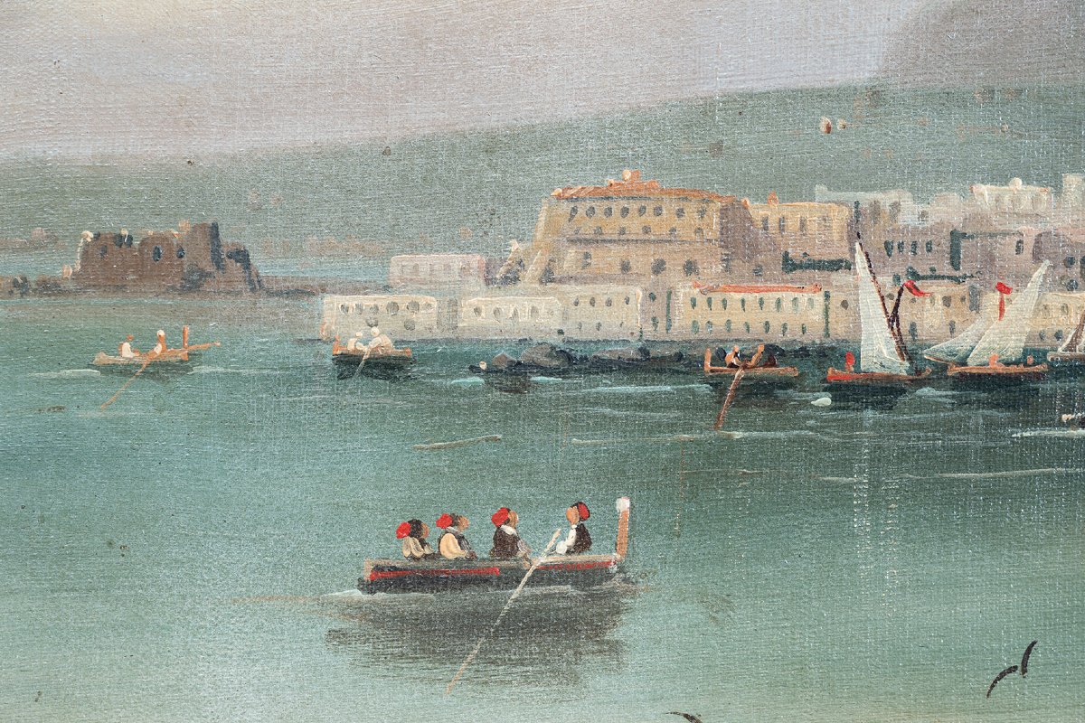 Dipinto antico olio su tela con cornice coeva raffigurante una veduta del Golfo di Napoli.-photo-3