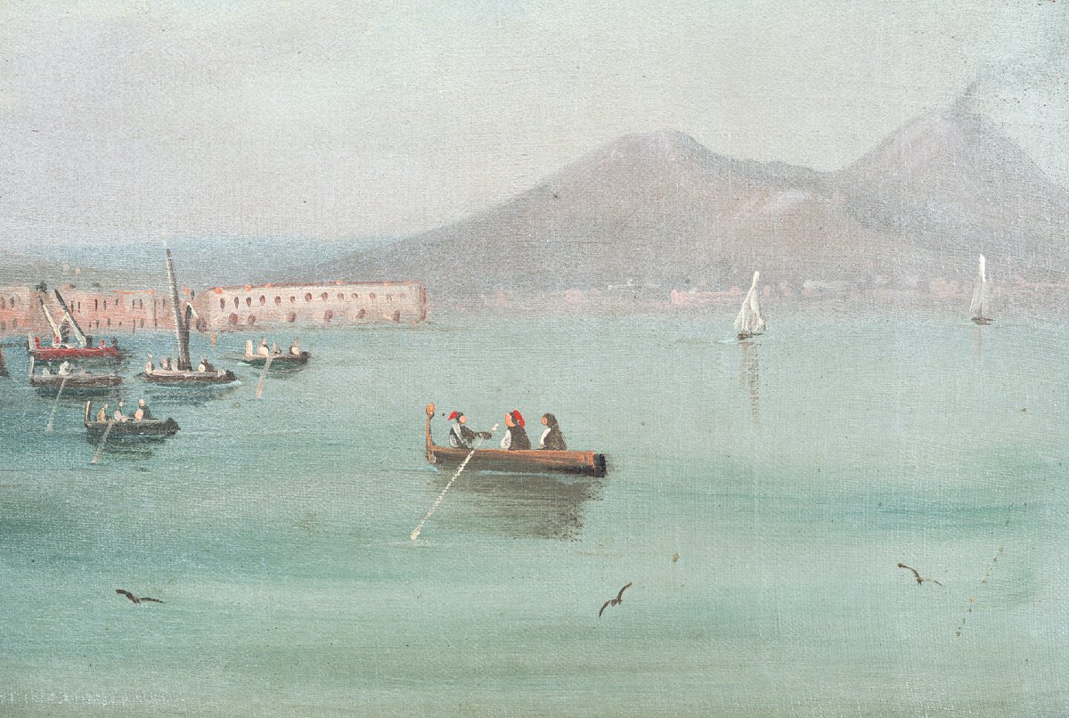 Dipinto antico olio su tela con cornice coeva raffigurante una veduta del Golfo di Napoli.-photo-4