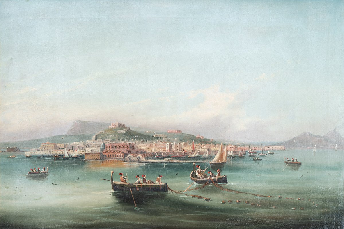 Dipinto antico olio su tela con cornice coeva raffigurante una veduta del Golfo di Napoli.-photo-1