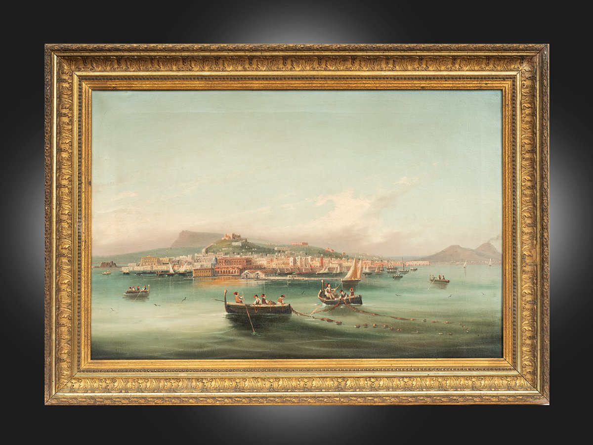 Dipinto antico olio su tela con cornice coeva raffigurante una veduta del Golfo di Napoli.