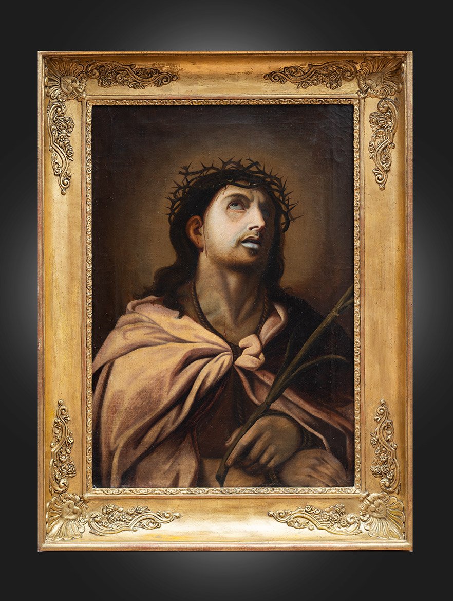 Dipinto antico olio su tela con cornice coeva raffigurante Hecce Homo .-photo-3
