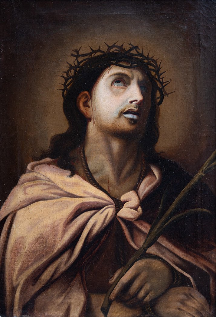 Dipinto antico olio su tela con cornice coeva raffigurante Hecce Homo .-photo-4
