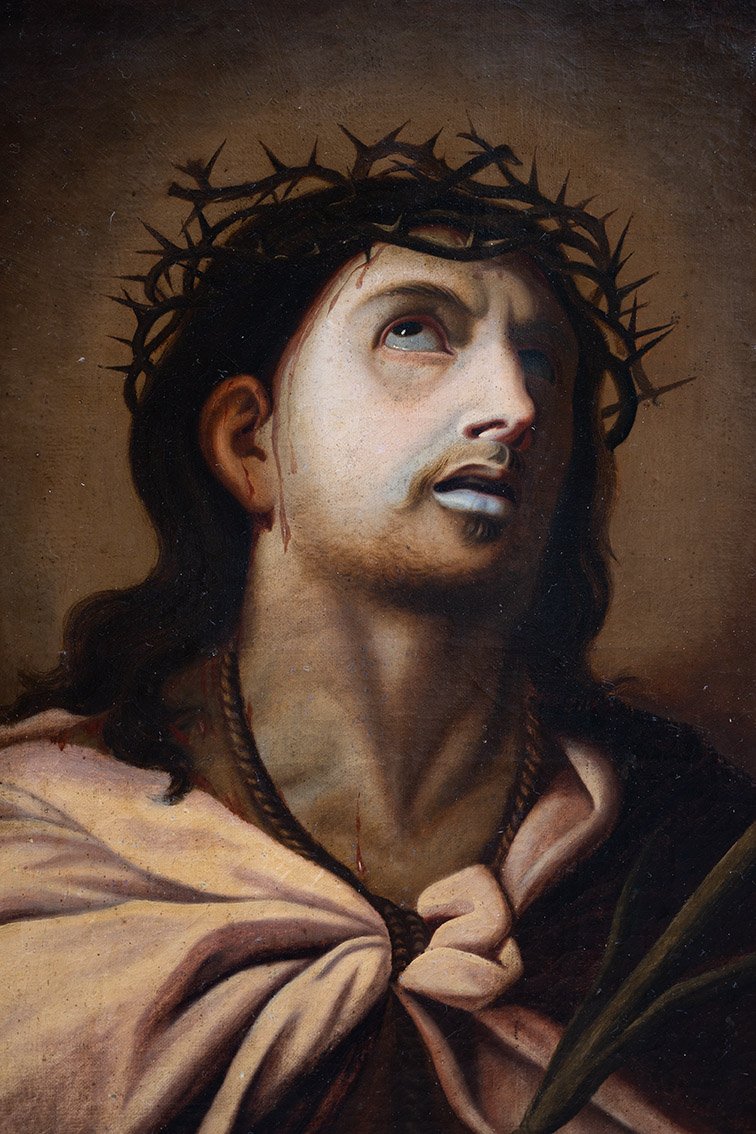 Dipinto antico olio su tela con cornice coeva raffigurante Hecce Homo .