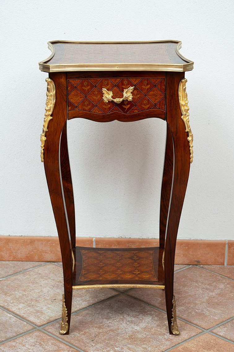 Tavolino antico Napoleone III Francese in legni esotici pregiati.-photo-2