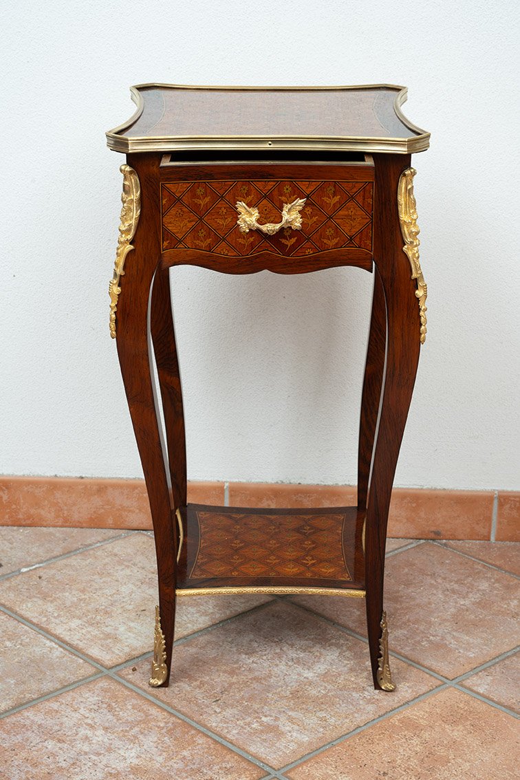 Tavolino antico Napoleone III Francese in legni esotici pregiati.-photo-3