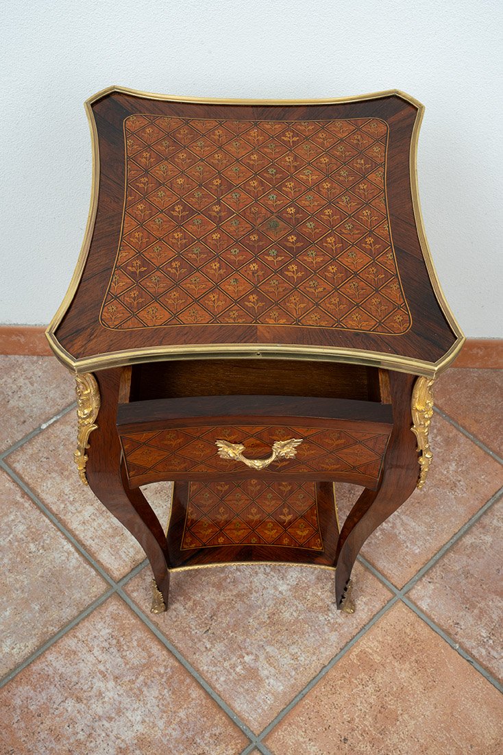 Tavolino antico Napoleone III Francese in legni esotici pregiati.-photo-4