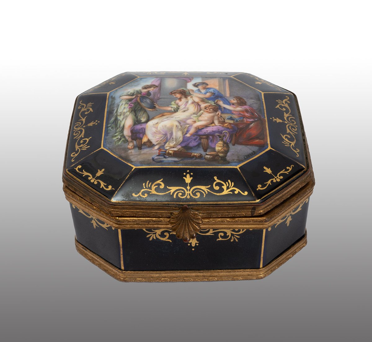 Scatola portagioie antica Napoleone III in porcellana policroma 19secolo