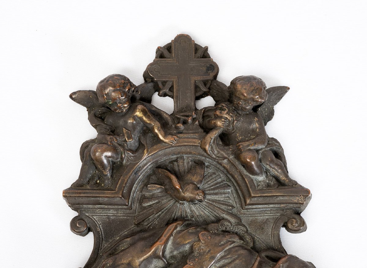 Acquasantiera antica napoletana in rame sbalzato raffigurante il Battesimo di Cristo -photo-2