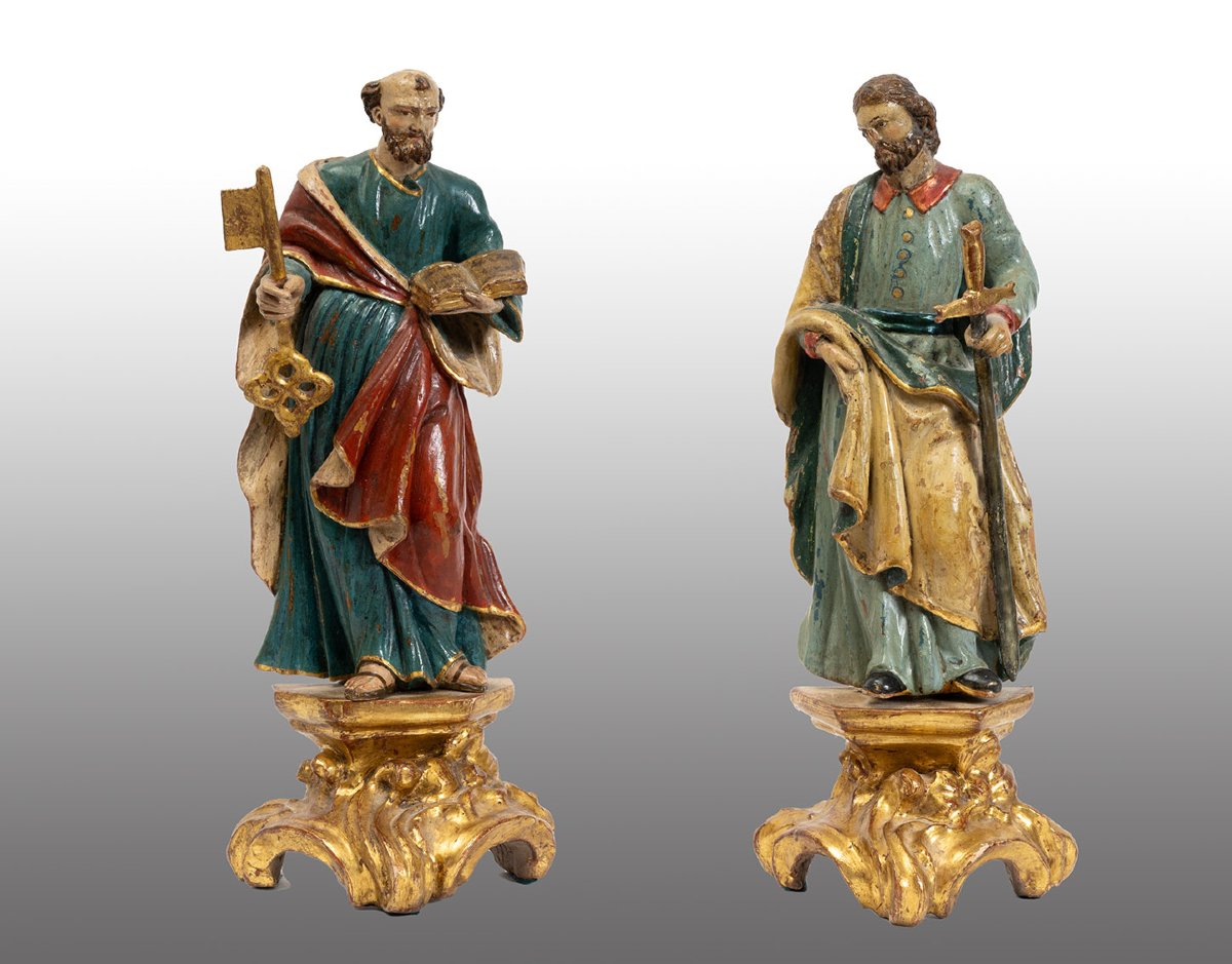 Paire de sculptures en bois polychrome 18secolo