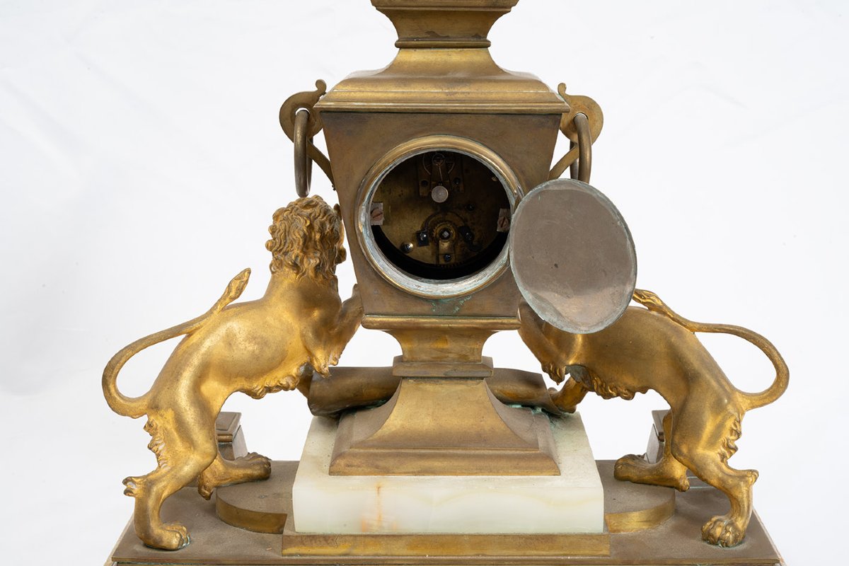 Calamaio antico con orologio integato realizzato in bronzo dorato e onice 19secolo-photo-3