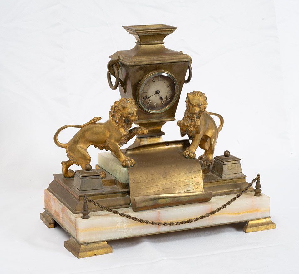 Calamaio antico con orologio integato realizzato in bronzo dorato e onice 19secolo-photo-4