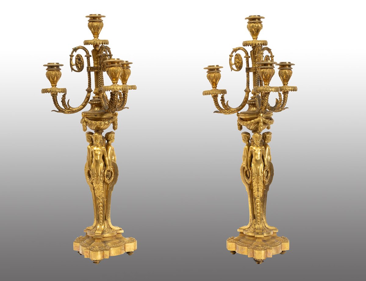 Coppia di Candelabri/Flambeaux in bronzo dorato (Firmati H.Picard)