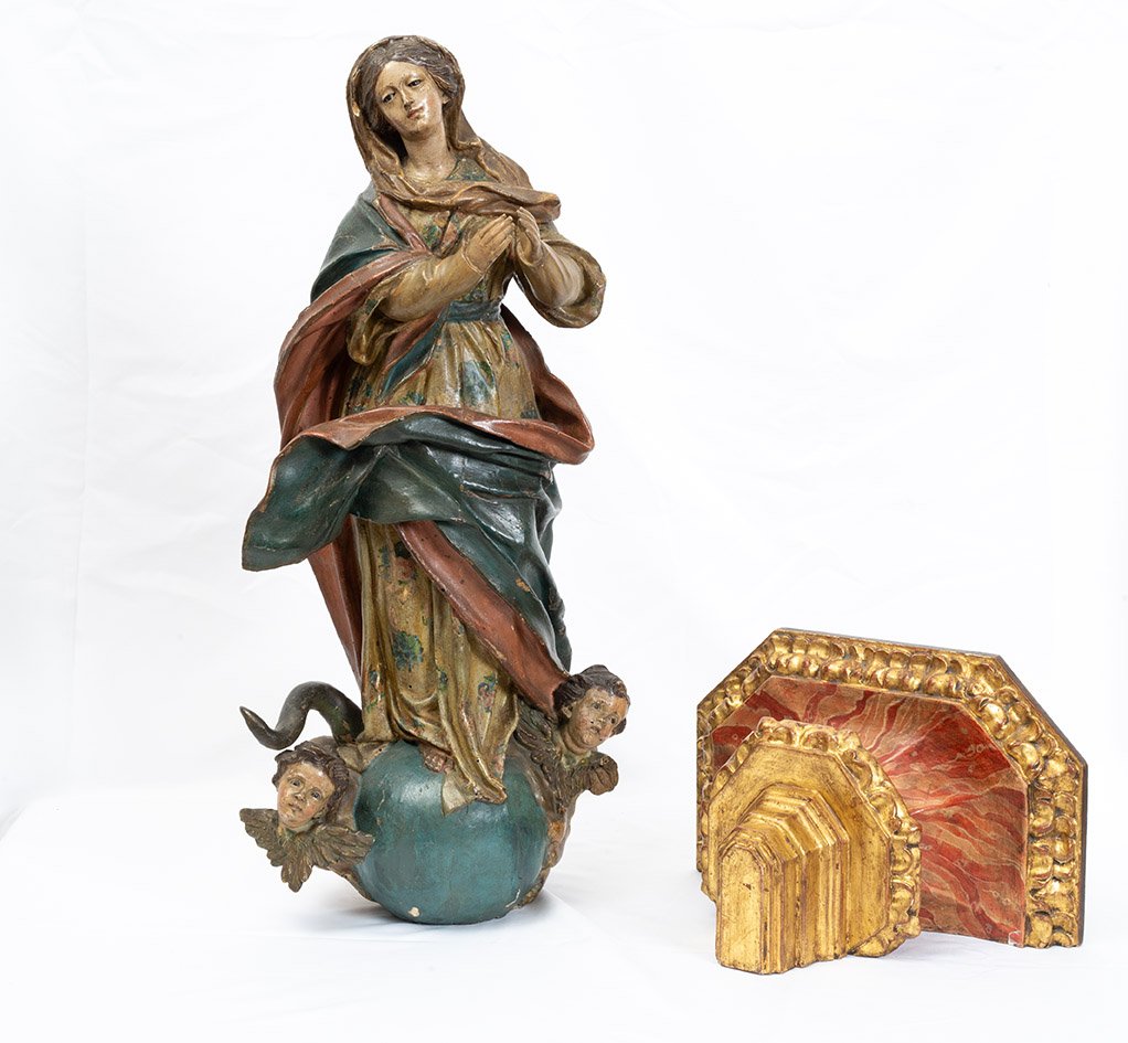 Scultura antica Napoletana in legno policromo raffigurante Madonna Immacolata 18secolo.-photo-2