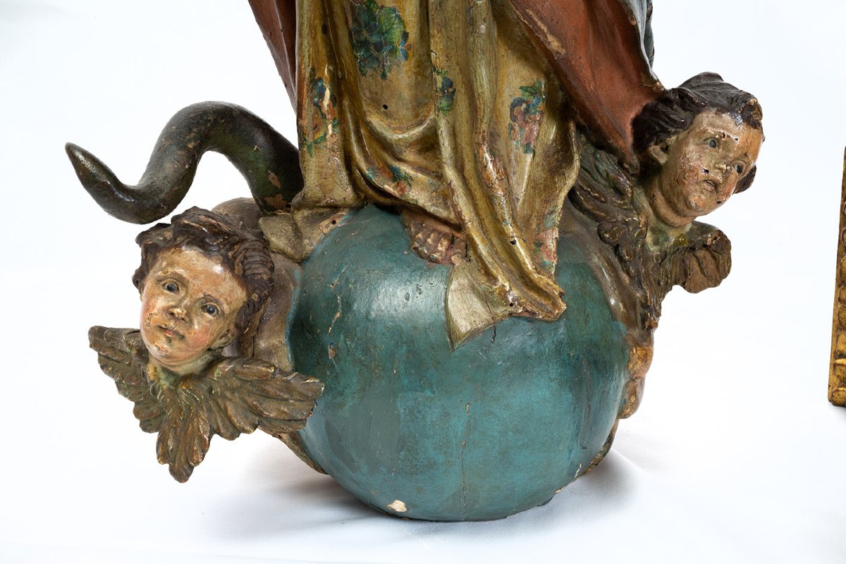 Scultura antica Napoletana in legno policromo raffigurante Madonna Immacolata 18secolo.-photo-3