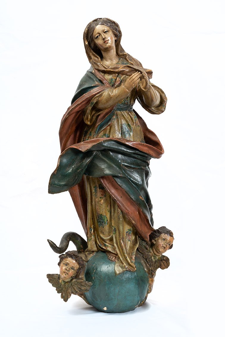 Scultura antica Napoletana in legno policromo raffigurante Madonna Immacolata 18secolo.-photo-2