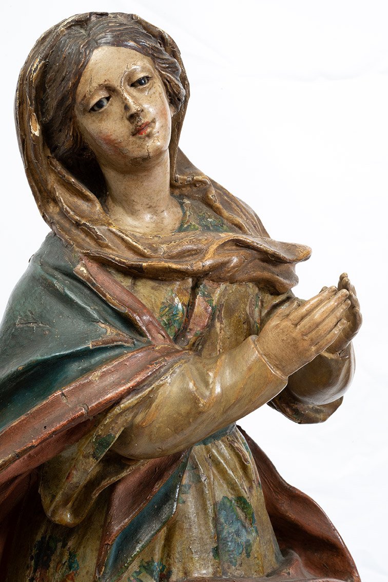 Scultura antica Napoletana in legno policromo raffigurante Madonna Immacolata 18secolo.-photo-3