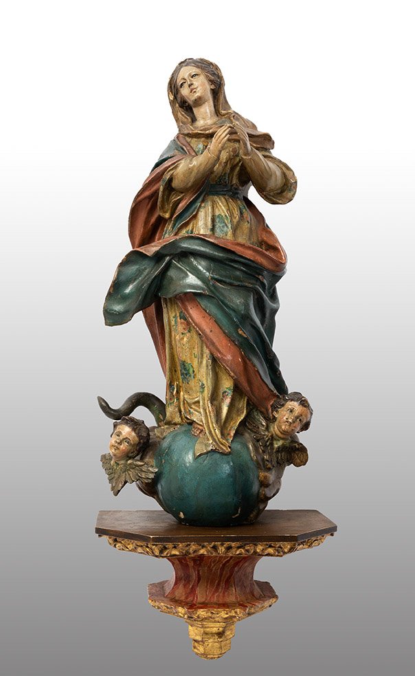 Scultura antica Napoletana in legno policromo raffigurante Madonna Immacolata 18secolo.