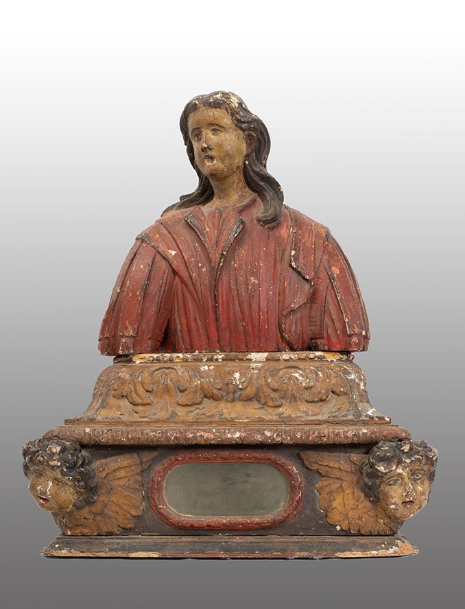 Busto reliquiario antico in legno policromo risalente alla fine del XVII. Spagna