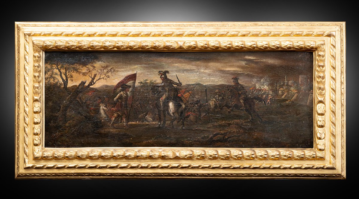 Dipinto antico olio su tela con cornice a tre ordini battaglia 18secolo
