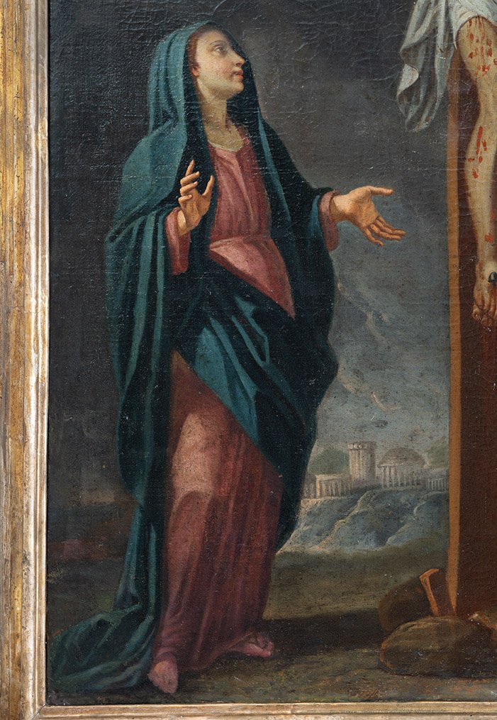 Dipinto antico olio su tela raffigurante la Crocifissione di Cristo 18secolo-photo-2