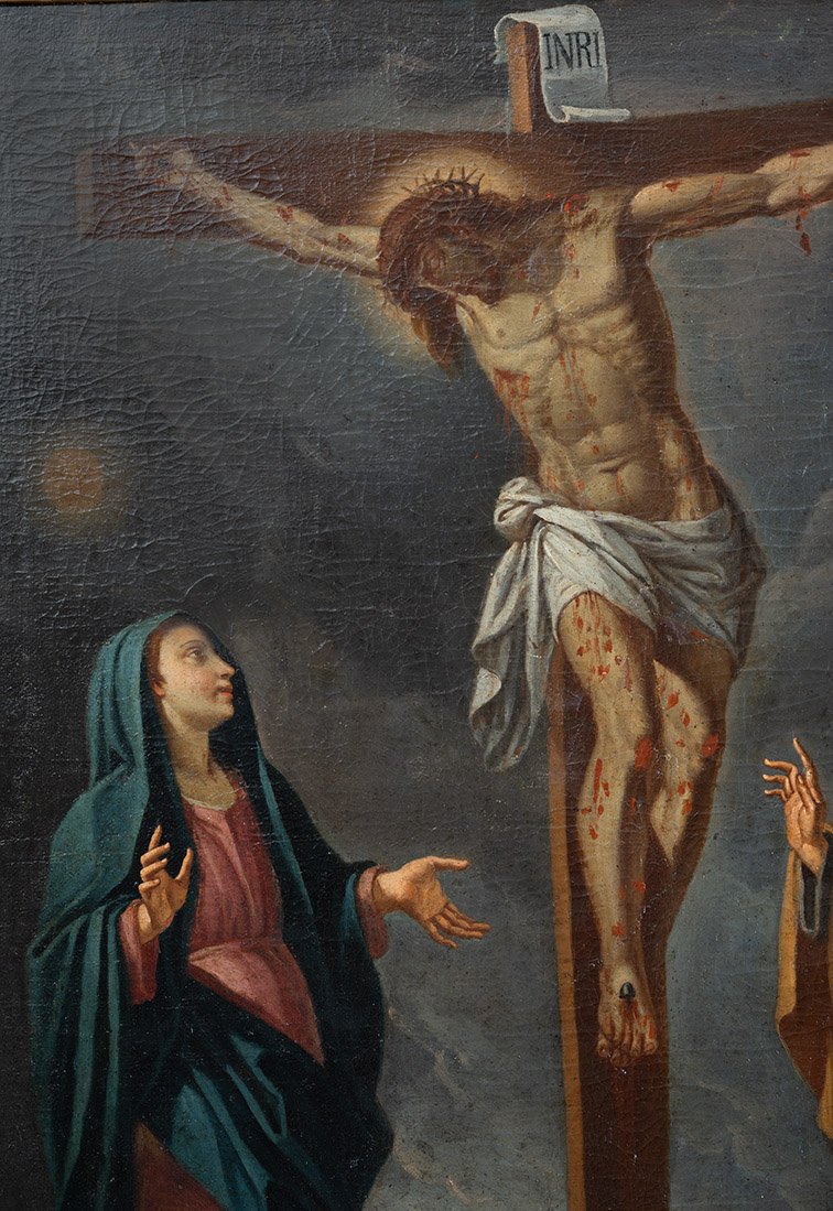 Dipinto antico olio su tela raffigurante la Crocifissione di Cristo 18secolo-photo-4
