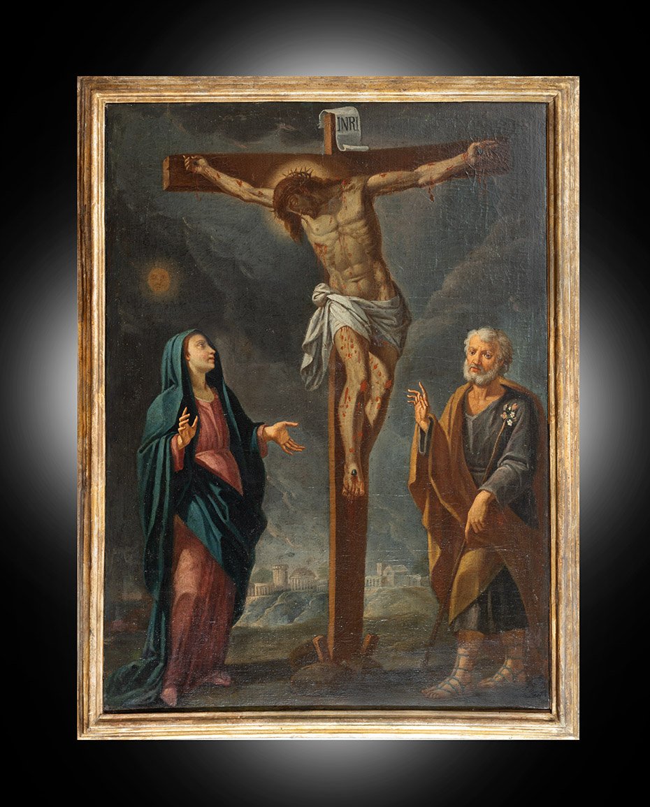 Dipinto antico olio su tela raffigurante la Crocifissione di Cristo 18secolo