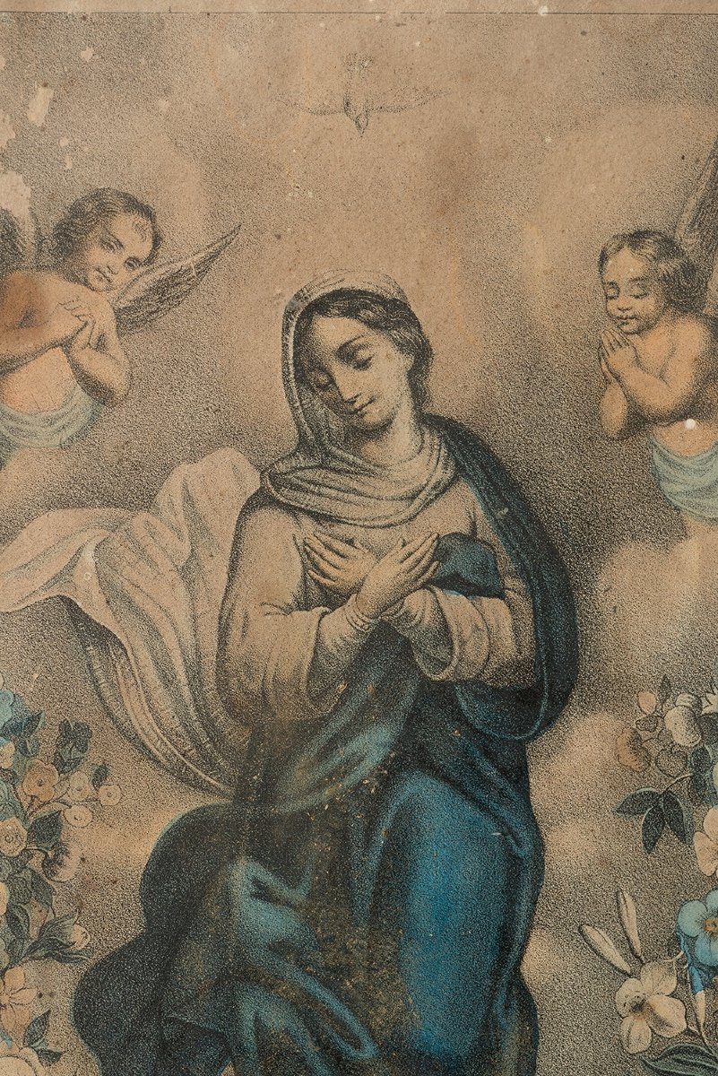 Tableau ancienne "Aquarelle représentant l'Immaculée", Naples 19ème siècle.-photo-1