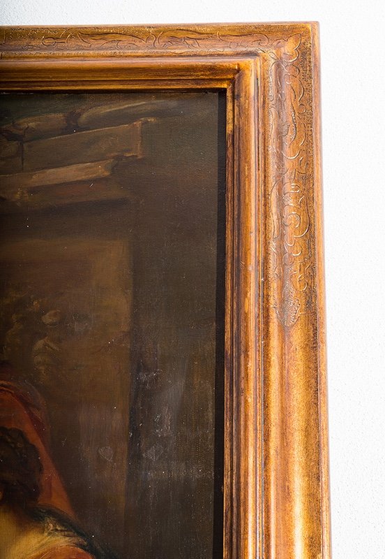  Dipinto antico olio su tela raffigurante "La Sacra Famiglia". Francia inizio XIX secolo.-photo-3