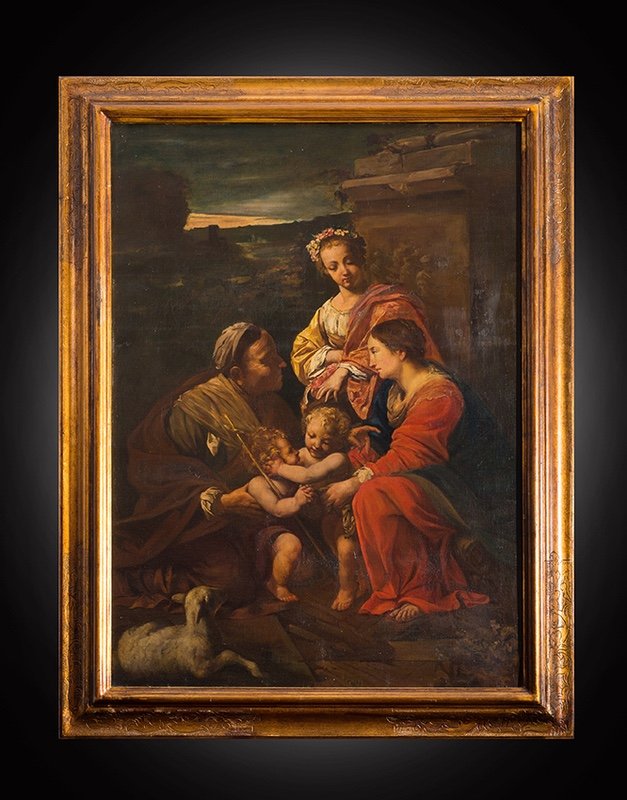  Dipinto antico olio su tela raffigurante "La Sacra Famiglia". Francia inizio XIX secolo.