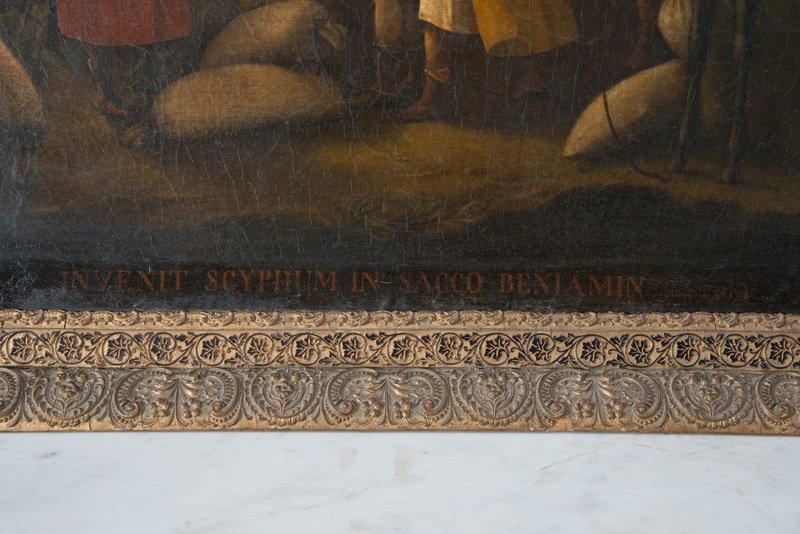 Dipinto antico olio su tela raffigurante"Il ritrovamento della coppa rubata nel sacco di Beniamino". Periodo XIX secolo.-photo-3