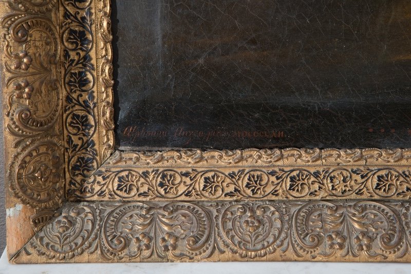 Dipinto antico olio su tela raffigurante"Il ritrovamento della coppa rubata nel sacco di Beniamino". Periodo XIX secolo.-photo-4