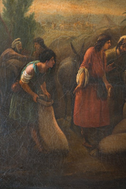 Dipinto antico olio su tela raffigurante"Il ritrovamento della coppa rubata nel sacco di Beniamino". Periodo XIX secolo.-photo-1