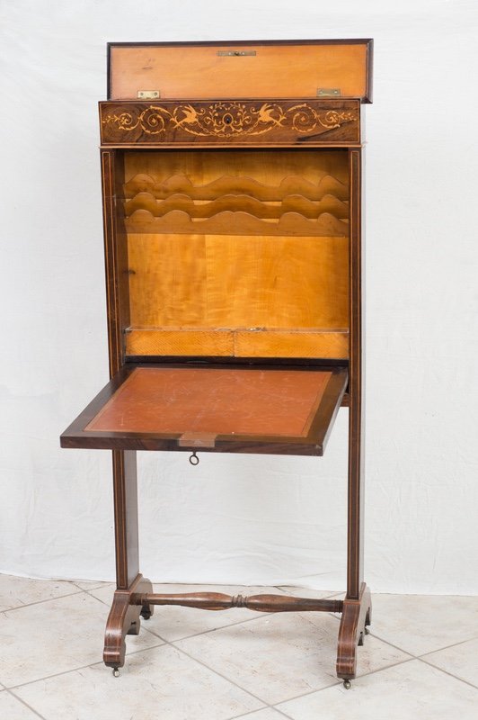 Secrétaire antico Carlo X Francese in legno esotico pregiato con innesti di intarsio in acero. Periodo XIX secolo.-photo-3