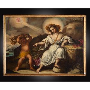 Dipinto antico Napoletano olio su tela raffigurante l'allegoria. Periodo XVIII secolo.
