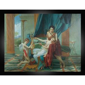 Dipinto antico olio su tela raffigurante scena Neoclassica con architetture.