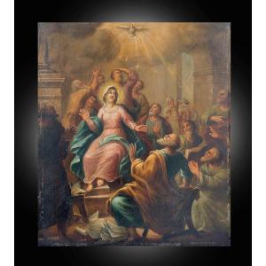 Dipinto antico olio su tavola di scuola Lombarda raffigurante la Pentecoste.