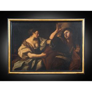 Dipinto antico olio su tela raffigurante "Giuseppe e la moglie di Putifarre". Marche XVII sec.