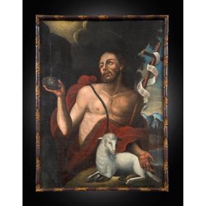 Dipinto antico olio su tela raffigurante San Giovanni Battista. Toscana XVIII secolo.