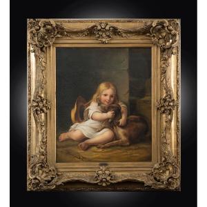 Dipinto antico olio su tela raffigurante una bambina con il cane firmata "A.Lemoine" (1809-1839