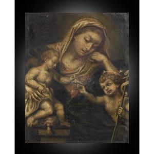  Dipinto antico olio su rame raffigurante Madonna con Bambino e San Giovannino.