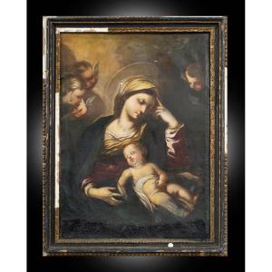 Dipinto antico olio su tela raffigurante Madonna col Bambino 18 secolo