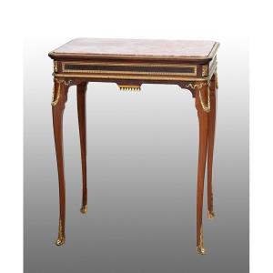 Tavolino antico Napoleone III Francese in massello di mogano con piano in marmo diaspro.