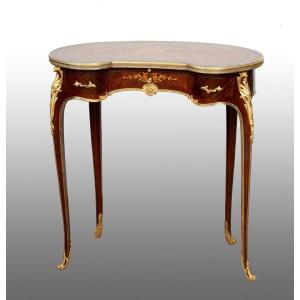 Tavolino/Scrittoio Napoleone III Francese in legno esotico pregiato con applicazione in bronzo 