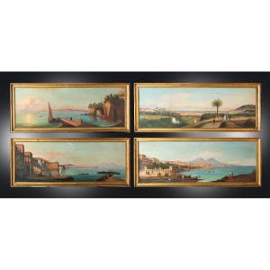 Quattro dipinti antichi raffigurante quattro scorci di Napoli