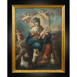 Dipinto antico olio su tela raffigurante "La Divna Pastora". Napoli XVII secolo.