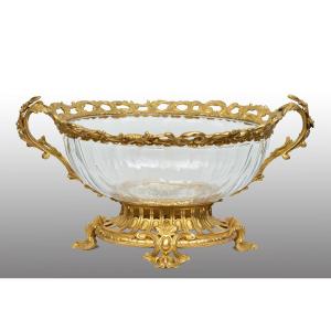Coppa/Centrotavola Napoleone III in bronzo dorato e cristallo 19secolo