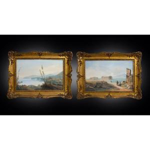 Coppia di Gouaches antichi Napoletani 19secolo.