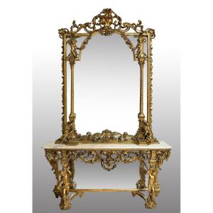 Consolle con specchio integrato riccamente scolpita di gusto barocco anni 70