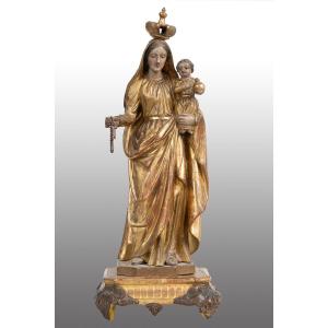 Scultura antica in legno policromo raffigurante Madonna col Bambino 18secolo.