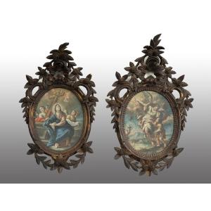 Pair Of Antique Oil Paintings On Canvas, Naples, 18th Century.